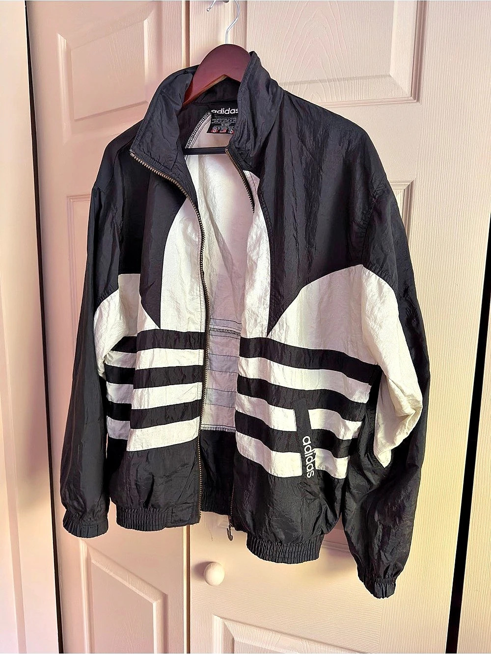 Vintage Adidas Trefoil Windbreaker Jacket Black White Oversized Retro 90s